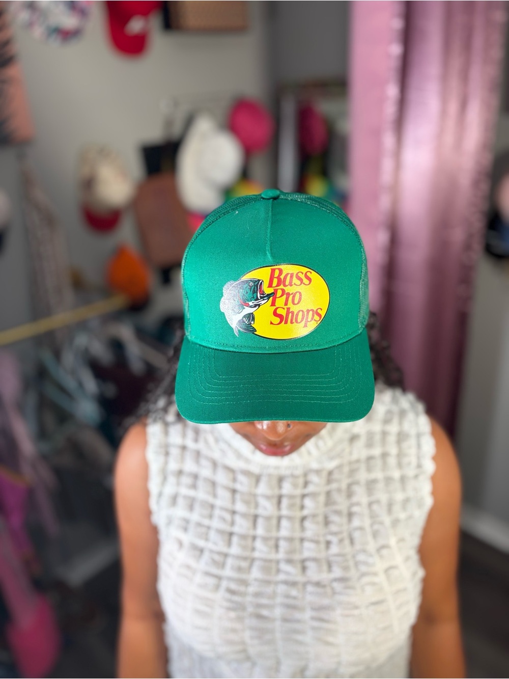 Bass Pro Shops Green Trucker Hat with Yellow Logo Patch